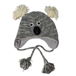 Gray Koala Knit Hat with Ear Flaps and Tassels One Size